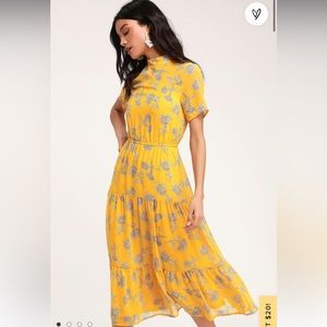 Lulus Floral Dressed Up Mustard Yellow Floral Print Midi Dress